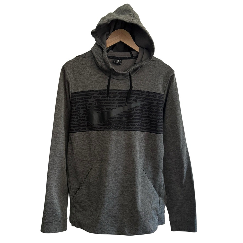Nike Dri fit Black Gray Swoosh‎ Pullover Hoodie Sweatshirt w/ Pockets Sz M #455